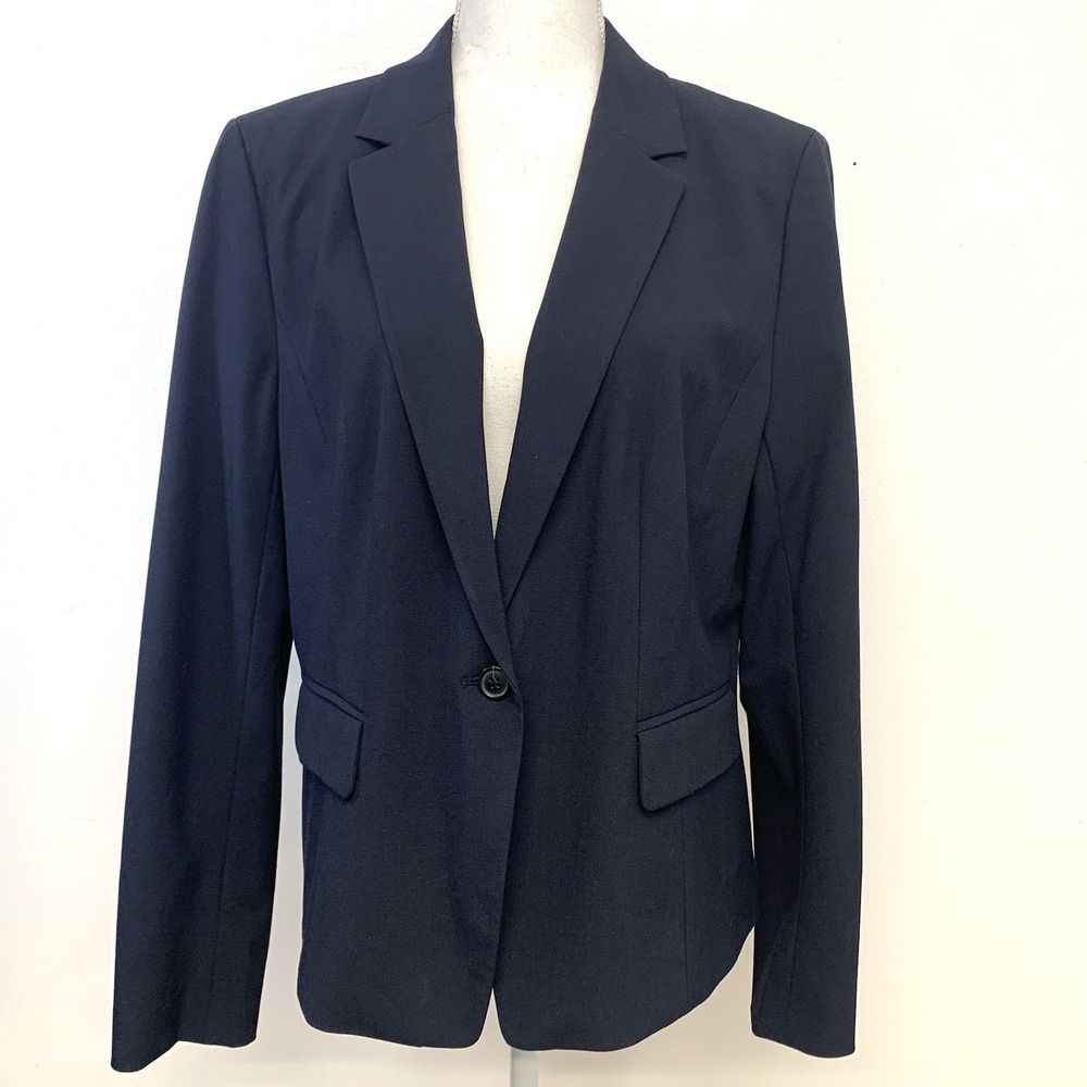Ann Taylor Navy Blue Blazer Jacket 1 Button Pockets Sz 14 Career Office Capsule